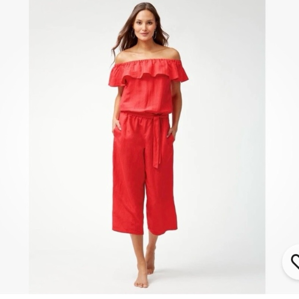 Tommy Bahama Red Off-Shoulder Ruffle Wide-Leg Jumpsuit